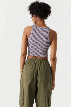 Stitches Ladies Ribbed Striped High Neck Cropped Tank Top Tops