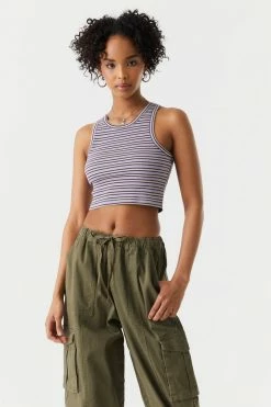 Stitches Ladies Ribbed Striped High Neck Cropped Tank Top Tops