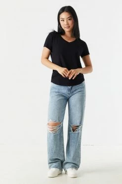 Stitches Ladies Tops Relaxed Pocket V-Neck T-Shirt