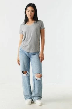 Stitches Ladies Tops Relaxed Pocket V-Neck T-Shirt