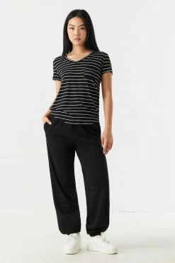 Stitches Ladies Tops Relaxed Striped Pocket V-Neck T-Shirt