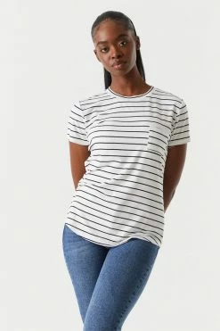 Stitches Ladies Tops Striped Chest Pocket Relaxed Crew Neck T-Shirt