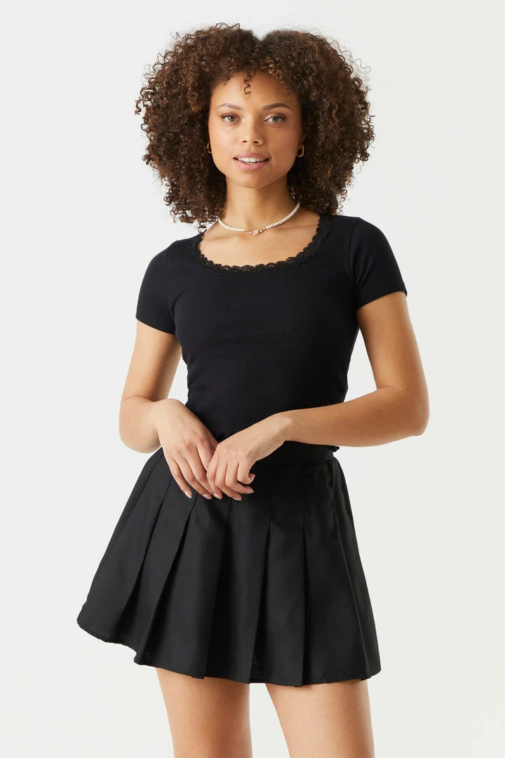 Stitches Ladies Ribbed Lace Trim Cropped T-Shirt 4 Stitches Ladies Ribbed Lace Trim Cropped T-Shirt