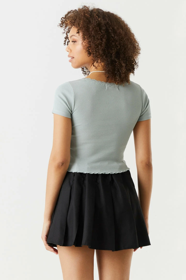 Stitches Ladies Ribbed Lace Trim Cropped T-Shirt 14 Stitches Ladies Ribbed Lace Trim Cropped T-Shirt