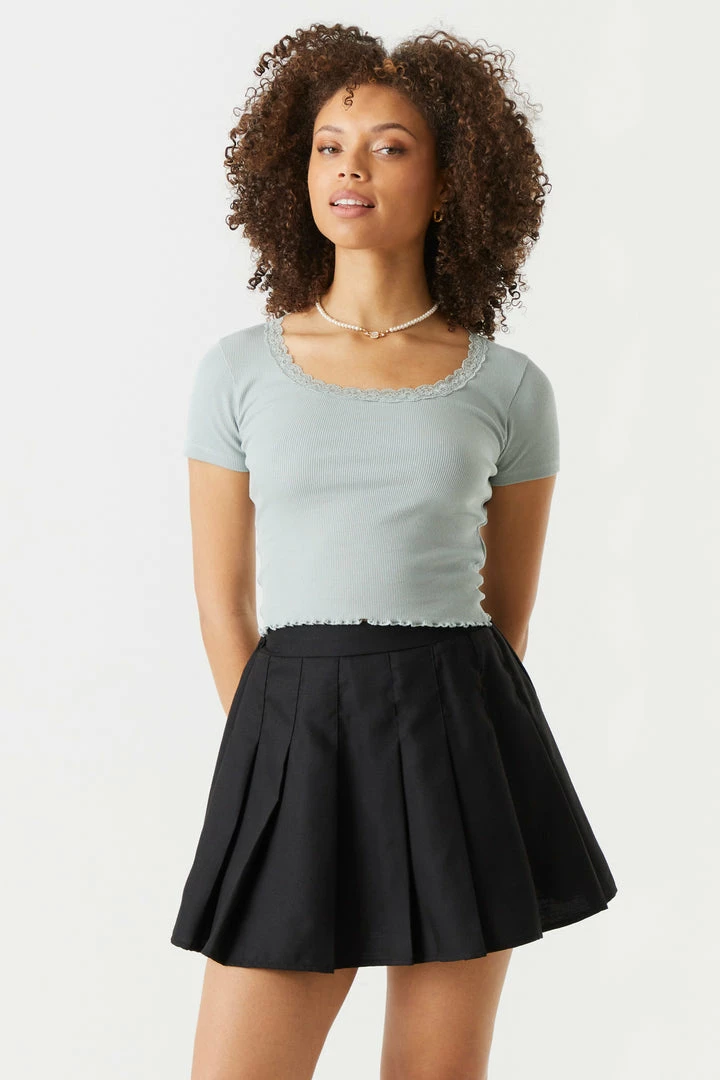 Stitches Ladies Ribbed Lace Trim Cropped T-Shirt 13 Stitches Ladies Ribbed Lace Trim Cropped T-Shirt