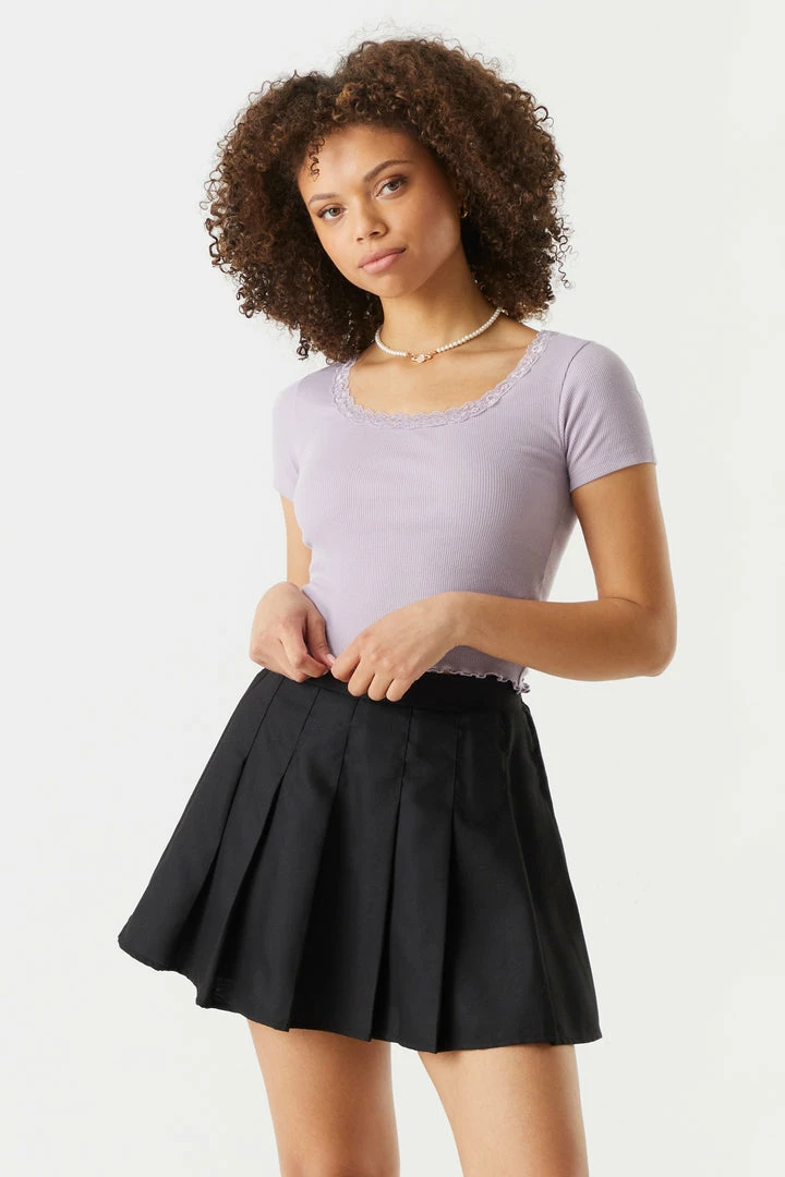 Stitches Ladies Ribbed Lace Trim Cropped T-Shirt 1 Stitches Ladies Ribbed Lace Trim Cropped T-Shirt