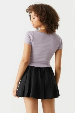 Stitches Ladies Ribbed Lace Trim Cropped T-Shirt