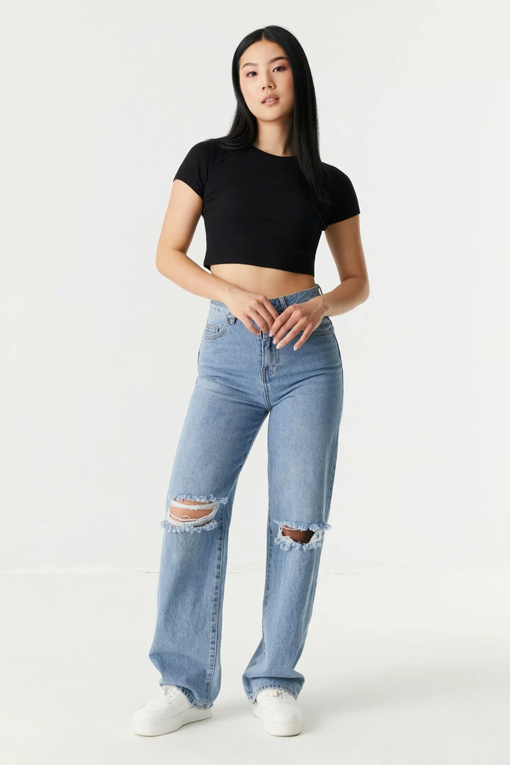 Stitches Ladies Ribbed Crop Crew Neck T-Shirt Tops 9 Stitches Ladies Ribbed Crop Crew Neck T-Shirt Tops