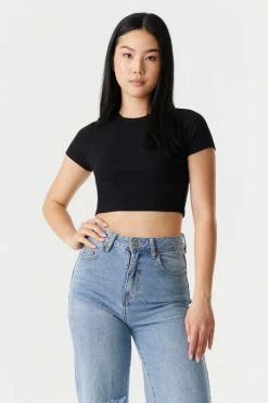 Stitches Ladies Ribbed Crop Crew Neck T-Shirt Tops 27 Stitches Ladies Ribbed Crop Crew Neck T-Shirt Tops