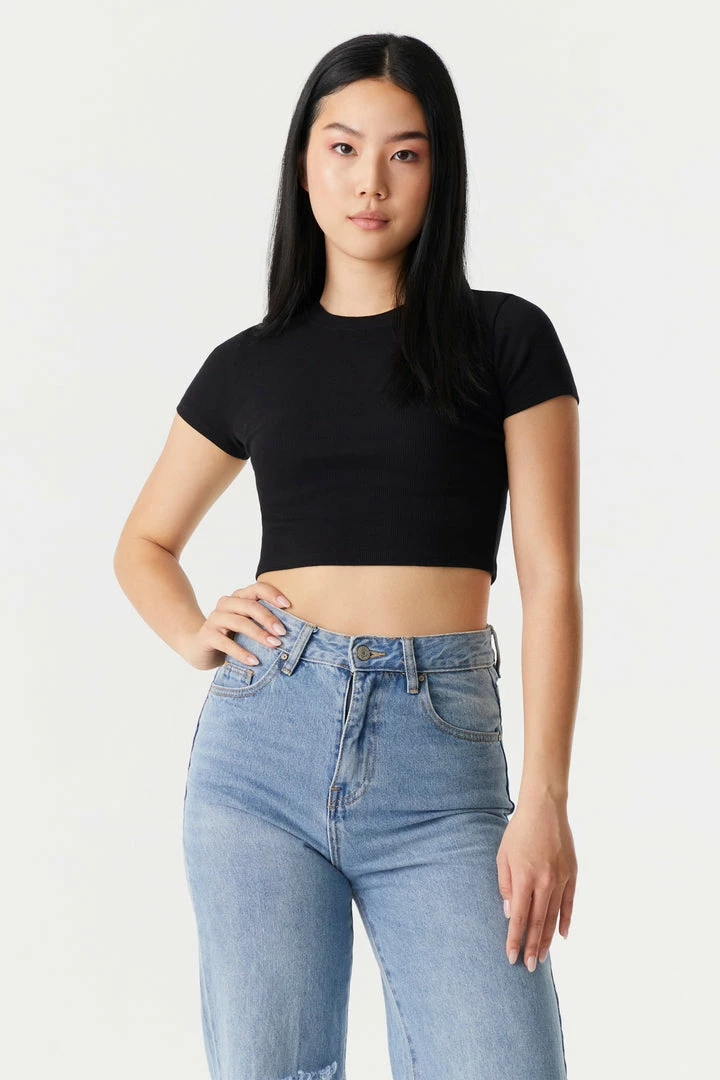 Stitches Ladies Ribbed Crop Crew Neck T-Shirt Tops 7 Stitches Ladies Ribbed Crop Crew Neck T-Shirt Tops