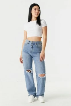 Stitches Ladies Ribbed Crop Crew Neck T-Shirt Tops 32 Stitches Ladies Ribbed Crop Crew Neck T-Shirt Tops