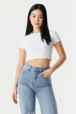 Stitches Ladies Ribbed Crop Crew Neck T-Shirt Tops 30 Stitches Ladies Ribbed Crop Crew Neck T-Shirt Tops