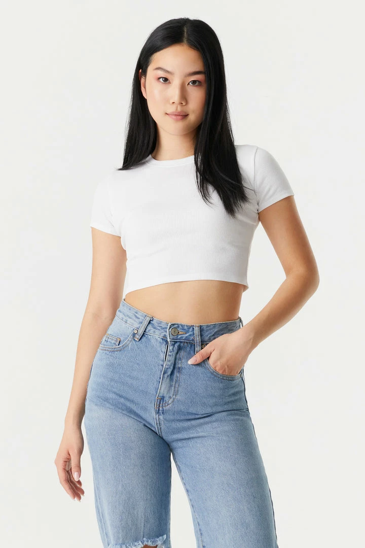 Stitches Ladies Ribbed Crop Crew Neck T-Shirt Tops 10 Stitches Ladies Ribbed Crop Crew Neck T-Shirt Tops