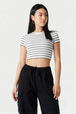 Stitches Ladies Ribbed Crop Crew Neck T-Shirt Tops 33 Stitches Ladies Ribbed Crop Crew Neck T-Shirt Tops