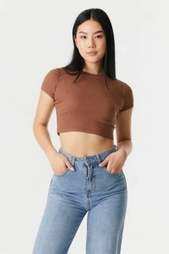 Stitches Ladies Ribbed Crop Crew Neck T-Shirt Tops 24 Stitches Ladies Ribbed Crop Crew Neck T-Shirt Tops