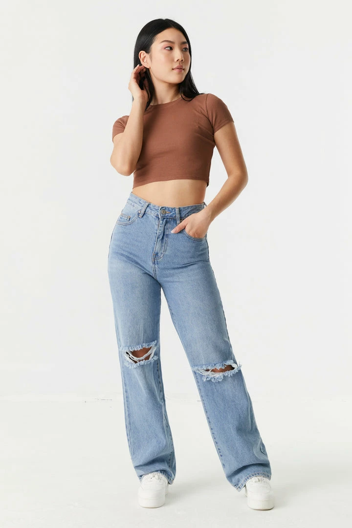 Stitches Ladies Ribbed Crop Crew Neck T-Shirt Tops 6 Stitches Ladies Ribbed Crop Crew Neck T-Shirt Tops