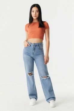 Stitches Ladies Ribbed Crop Crew Neck T-Shirt Tops 38 Stitches Ladies Ribbed Crop Crew Neck T-Shirt Tops