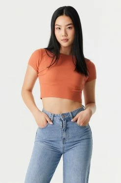 Stitches Ladies Ribbed Crop Crew Neck T-Shirt Tops 36 Stitches Ladies Ribbed Crop Crew Neck T-Shirt Tops