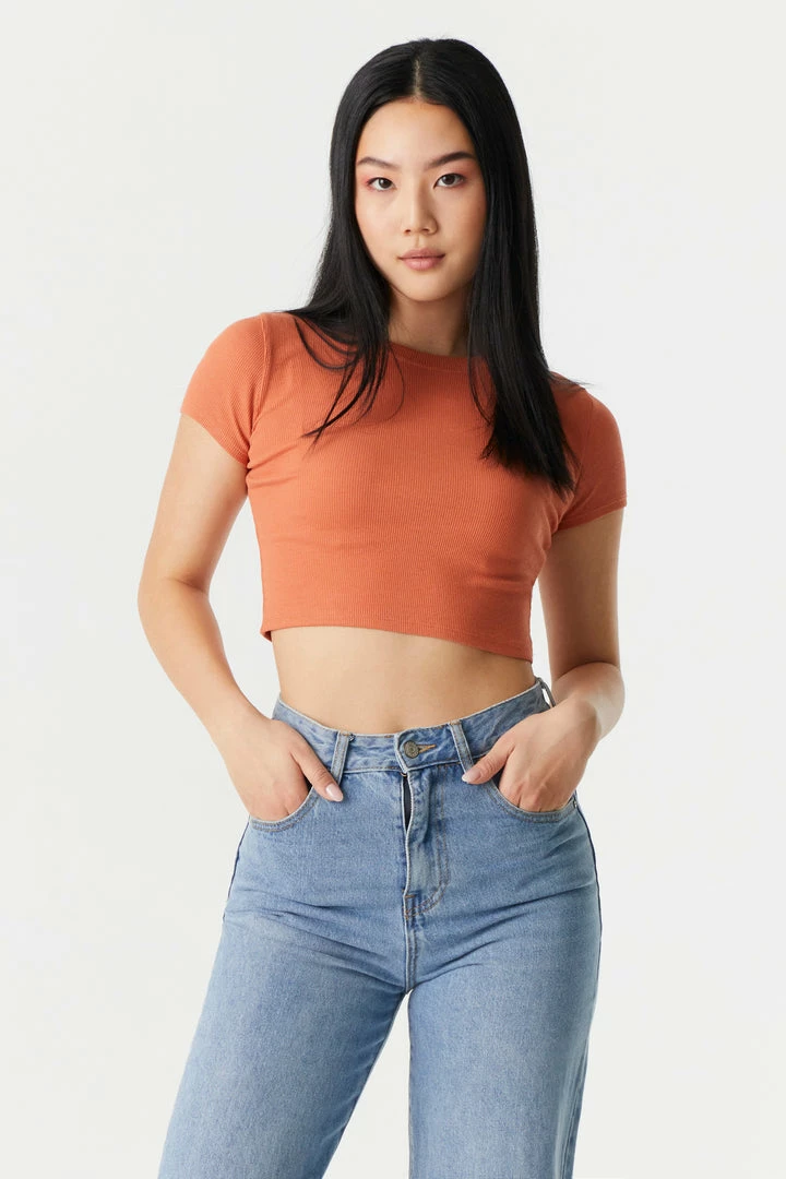 Stitches Ladies Ribbed Crop Crew Neck T-Shirt Tops 16 Stitches Ladies Ribbed Crop Crew Neck T-Shirt Tops