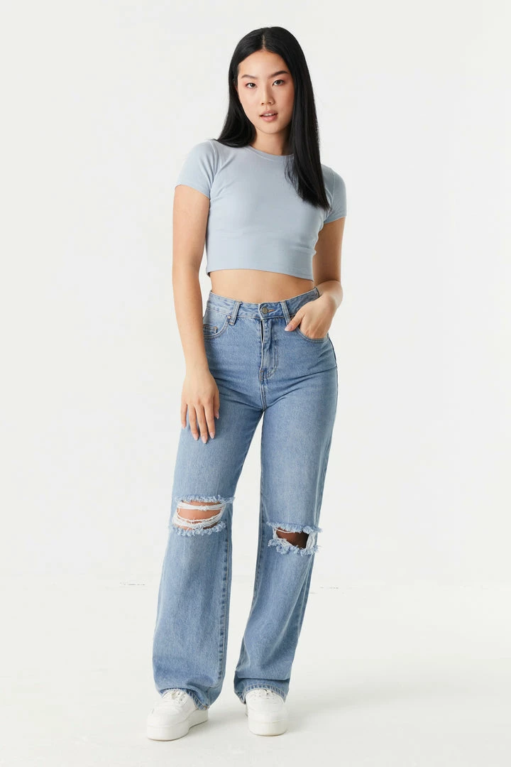 Stitches Ladies Ribbed Crop Crew Neck T-Shirt Tops 21 Stitches Ladies Ribbed Crop Crew Neck T-Shirt Tops