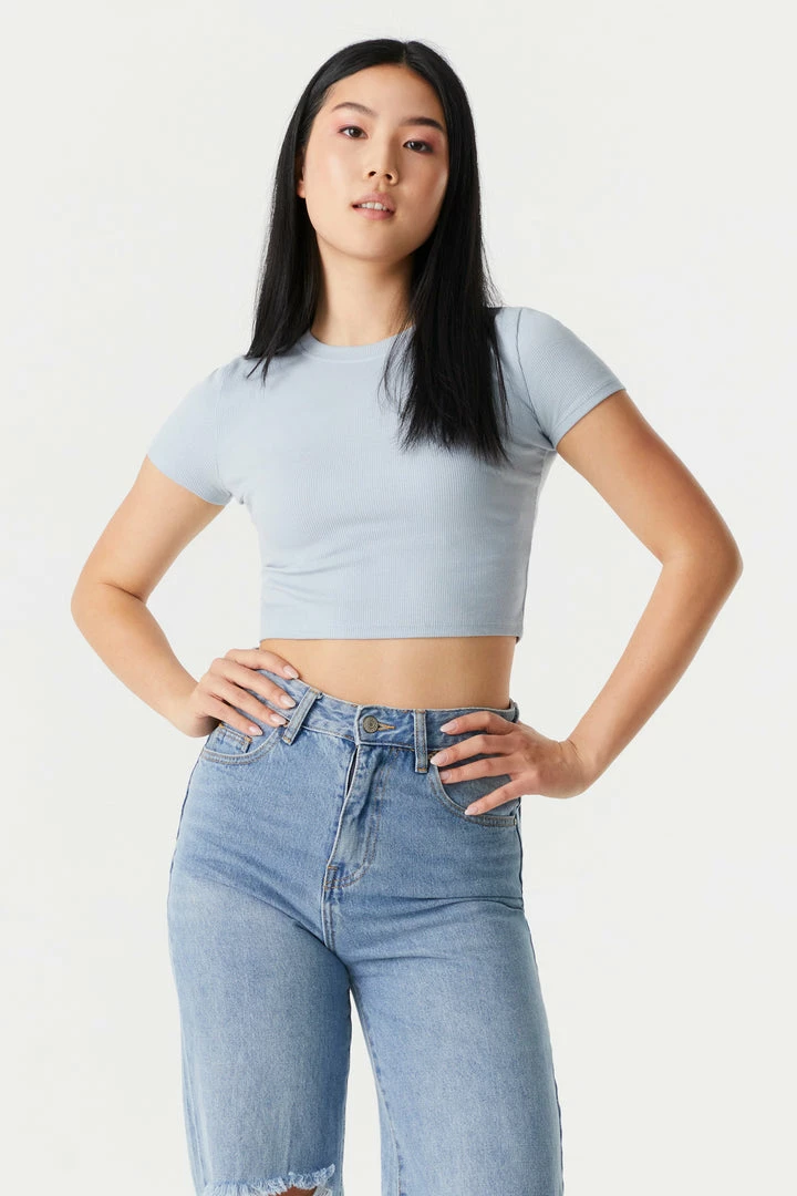 Stitches Ladies Ribbed Crop Crew Neck T-Shirt Tops 19 Stitches Ladies Ribbed Crop Crew Neck T-Shirt Tops