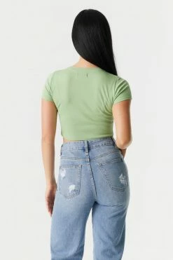 Stitches Ladies Ribbed Crop Crew Neck T-Shirt Tops