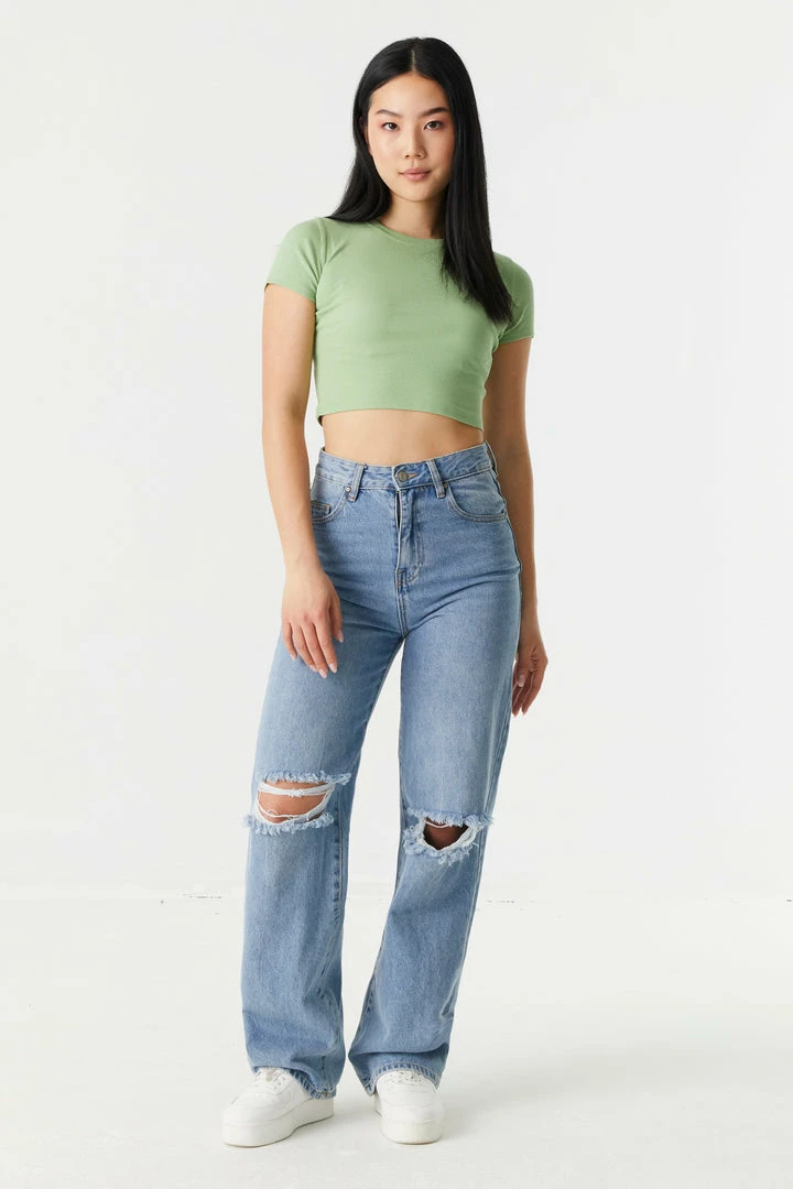 Stitches Ladies Ribbed Crop Crew Neck T-Shirt Tops 3 Stitches Ladies Ribbed Crop Crew Neck T-Shirt Tops