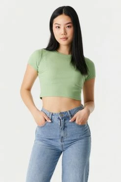 Stitches Ladies Ribbed Crop Crew Neck T-Shirt Tops