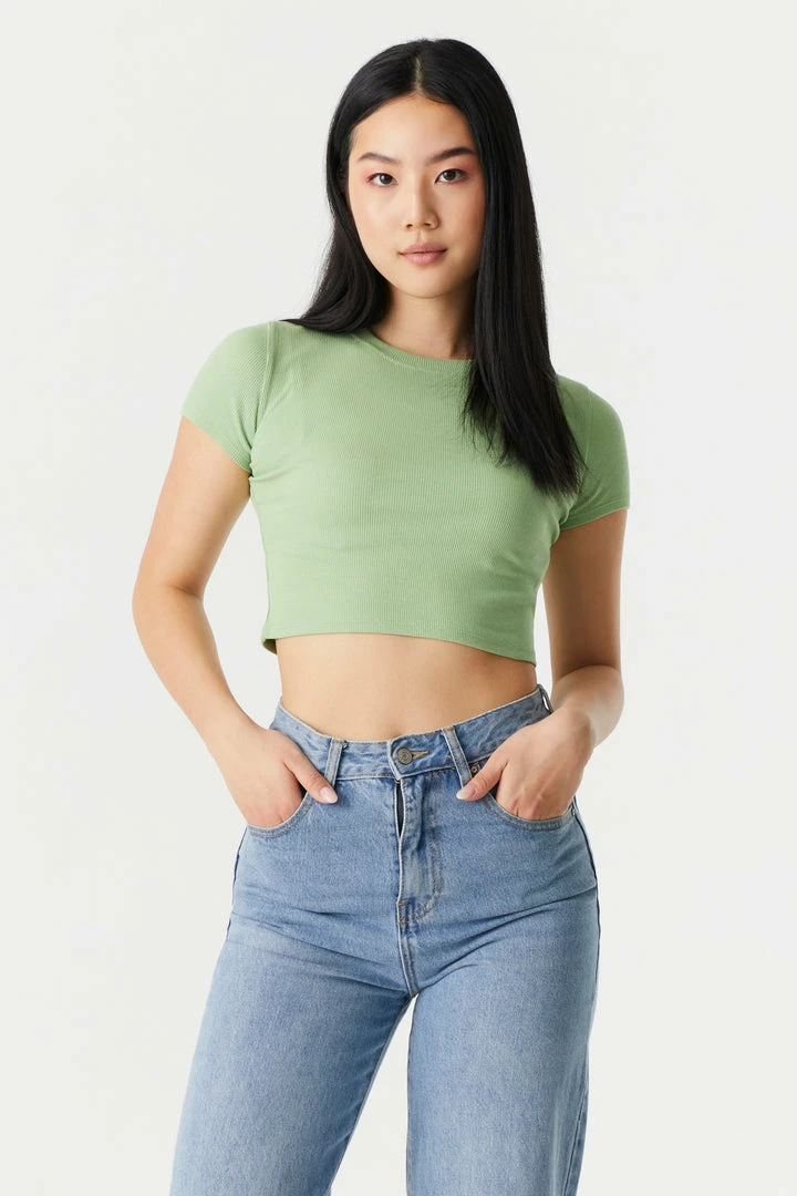 Stitches Ladies Ribbed Crop Crew Neck T-Shirt Tops 1 Stitches Ladies Ribbed Crop Crew Neck T-Shirt Tops