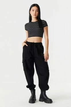 Stitches Ladies Striped Ribbed Crew Neck Cropped T-Shirt Tops