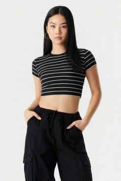 Stitches Ladies Striped Ribbed Crew Neck Cropped T-Shirt Tops