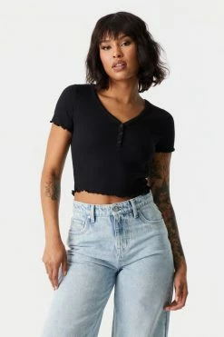 Stitches Ladies Tops Ribbed Lettuce Hem Henley Crop Top