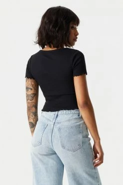 Stitches Ladies Tops Ribbed Lettuce Hem Henley Crop Top