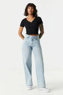 Stitches Ladies Tops Ribbed Lettuce Hem Henley Crop Top