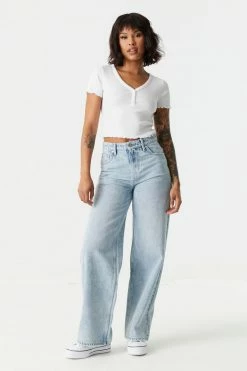 Stitches Ladies Tops Ribbed Lettuce Hem Henley Crop Top