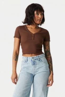 Stitches Ladies Tops Ribbed Lettuce Hem Henley Crop Top