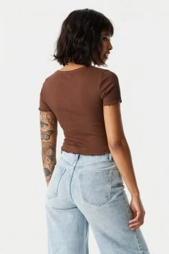 Stitches Ladies Tops Ribbed Lettuce Hem Henley Crop Top