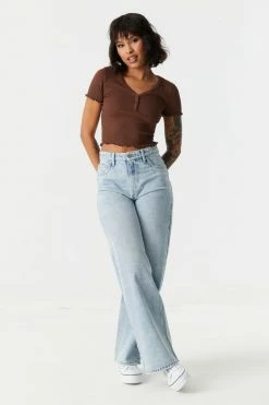 Stitches Ladies Tops Ribbed Lettuce Hem Henley Crop Top