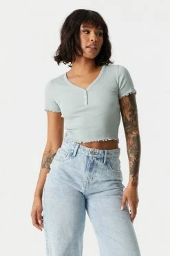 Stitches Ladies Tops Ribbed Lettuce Hem Henley Crop Top