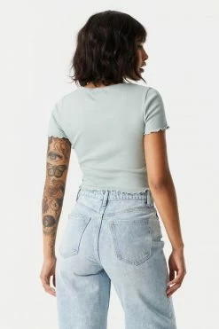 Stitches Ladies Tops Ribbed Lettuce Hem Henley Crop Top