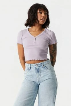 Stitches Ladies Tops Ribbed Lettuce Hem Henley Crop Top