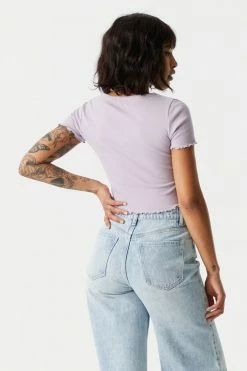 Stitches Ladies Tops Ribbed Lettuce Hem Henley Crop Top