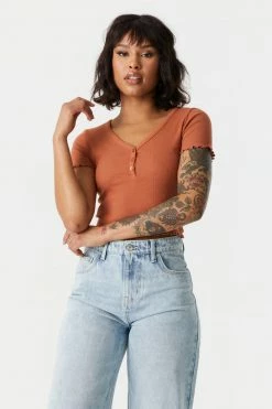 Stitches Ladies Tops Ribbed Lettuce Hem Henley Crop Top