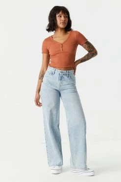 Stitches Ladies Tops Ribbed Lettuce Hem Henley Crop Top