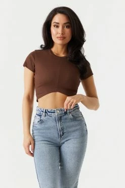 Stitches Ladies Ribbed Center Seam V-Hem Crop Top Tops