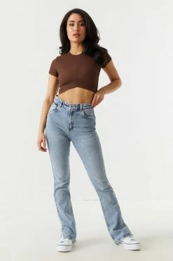 Stitches Ladies Ribbed Center Seam V-Hem Crop Top Tops