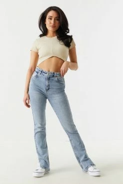 Stitches Ladies Ribbed Center Seam V-Hem Crop Top Tops