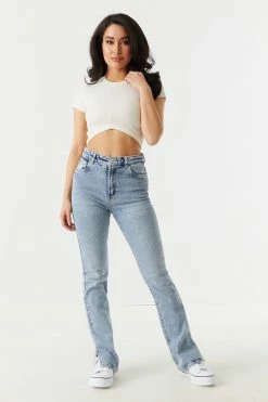 Stitches Ladies Ribbed Center Seam V-Hem Crop Top Tops
