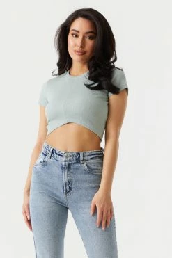 Stitches Ladies Ribbed Center Seam V-Hem Crop Top Tops