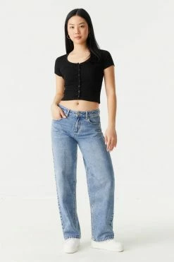 Stitches Ladies Ribbed Button-Up Front Crop Top Tops 30 Stitches Ladies Ribbed Button-Up Front Crop Top Tops